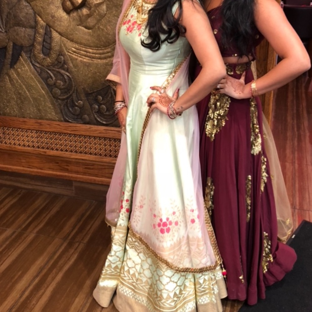 Sea green anarkali with baby pink dupatta and baby pink churidaar